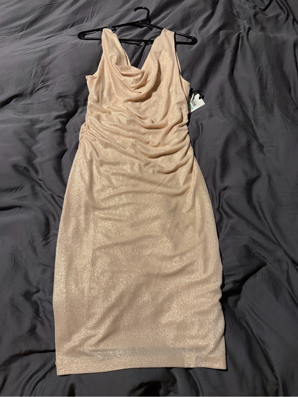 Kensie Champagne Shimmer Cowl Neck Midi Dress
